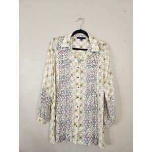 Jane + Delancey‎ Yellow White Tunic Blouse Button Down Long Sleeve Patterned S